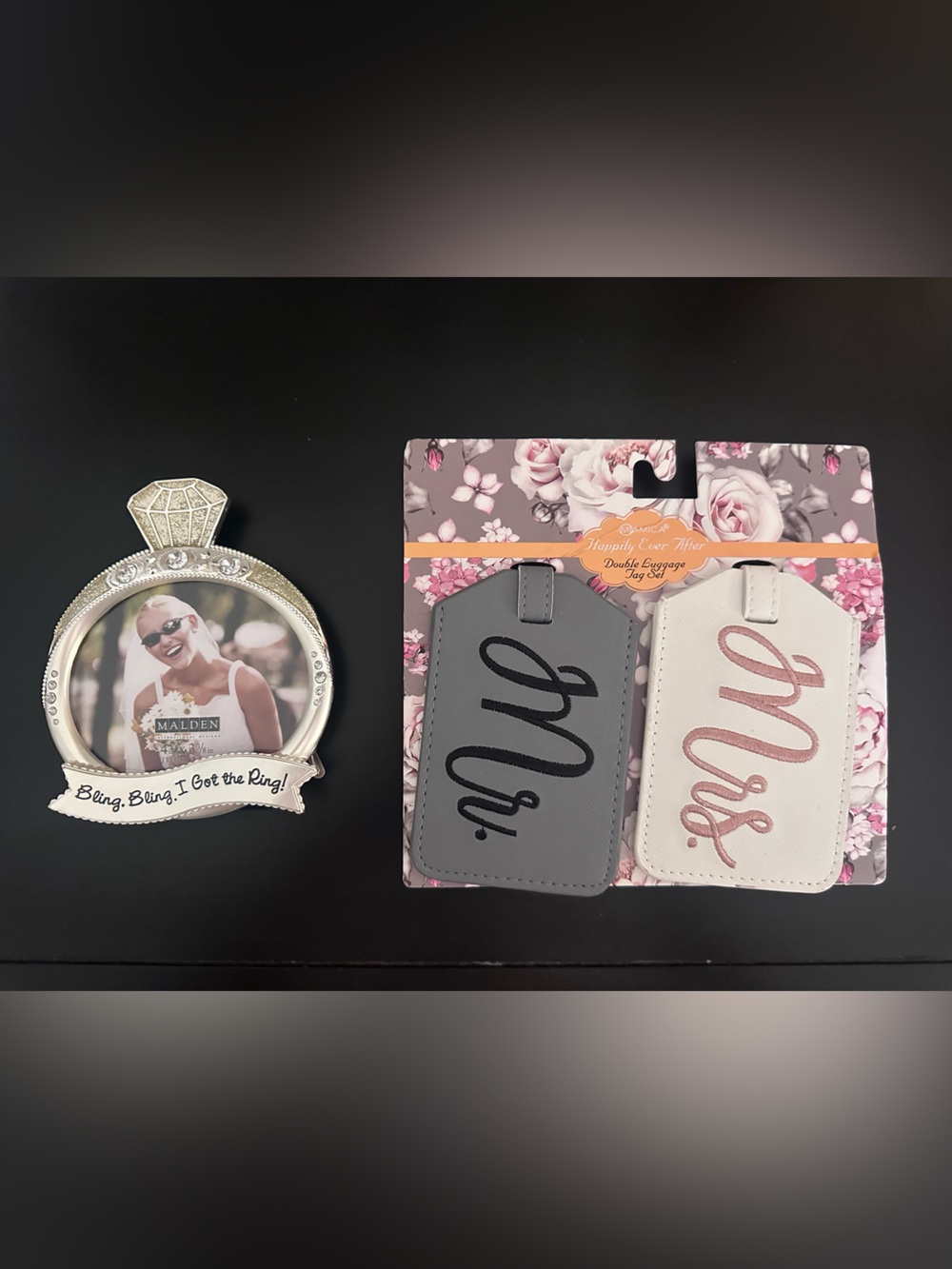 Bride and Groom Luggage Tags + Ring Picture Frame Bundle